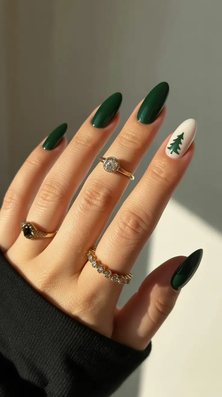 green christmas nails almond Evergreen Classic