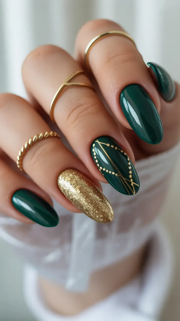 green christmas nails acrylic Golden Garland Elegance