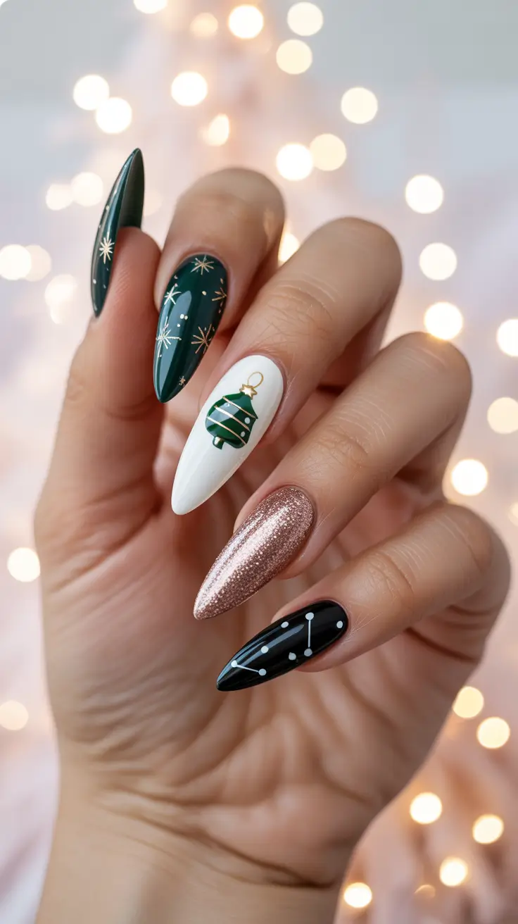 green christmas nails designs Festive Story in Gold and Green