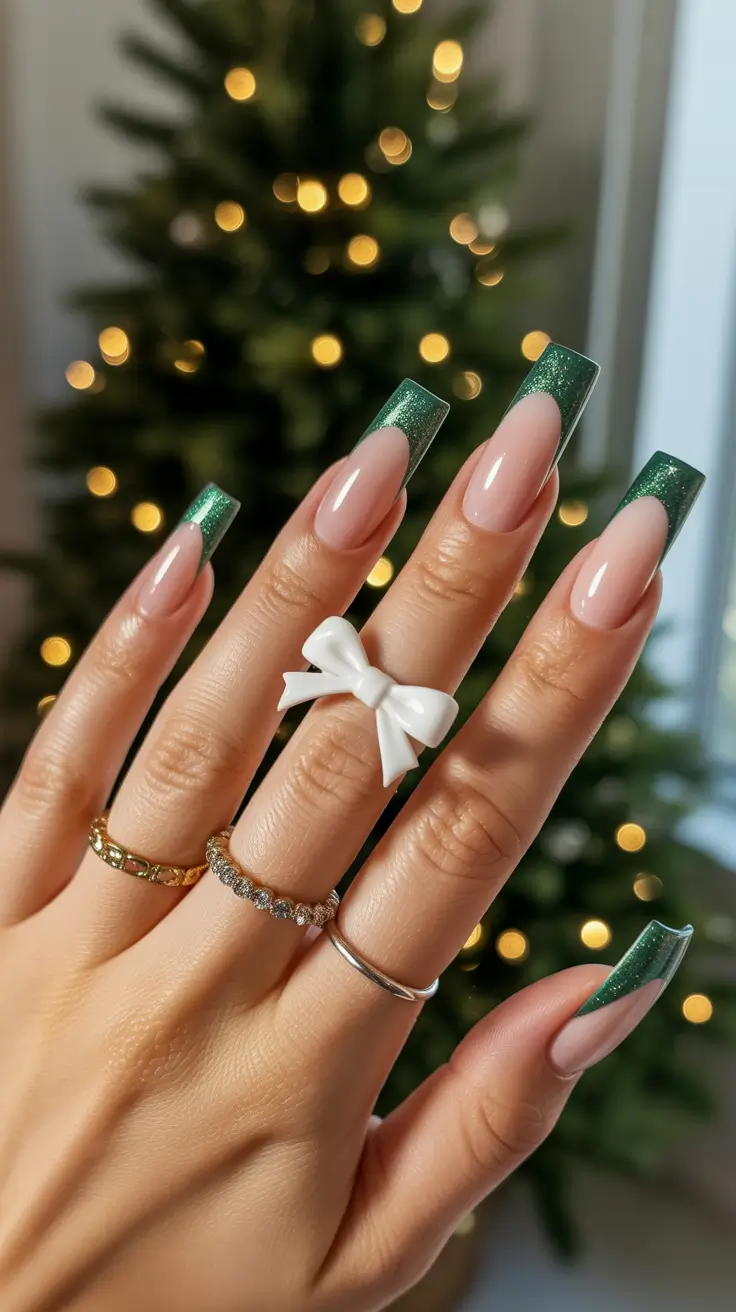 green christmas nails acrylic Frosted Green French Glam