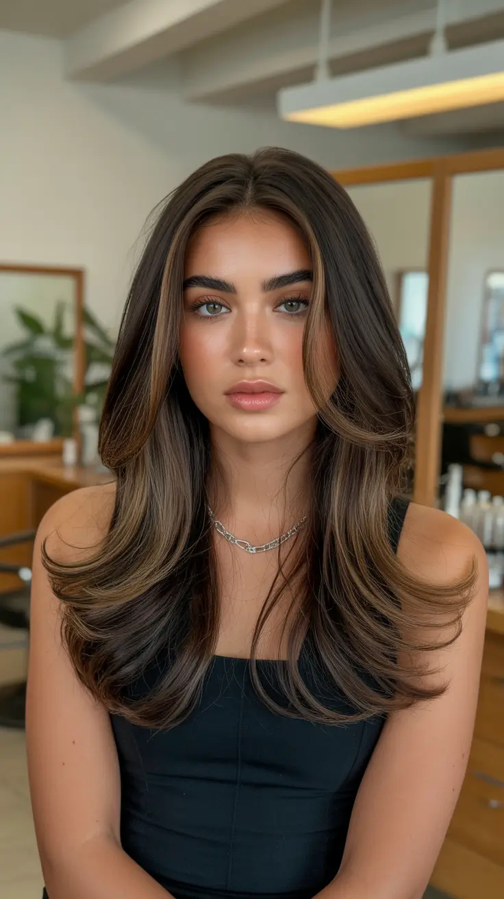 dark brown hair color 2026 Caramel-Lit Balayage for Brunettes