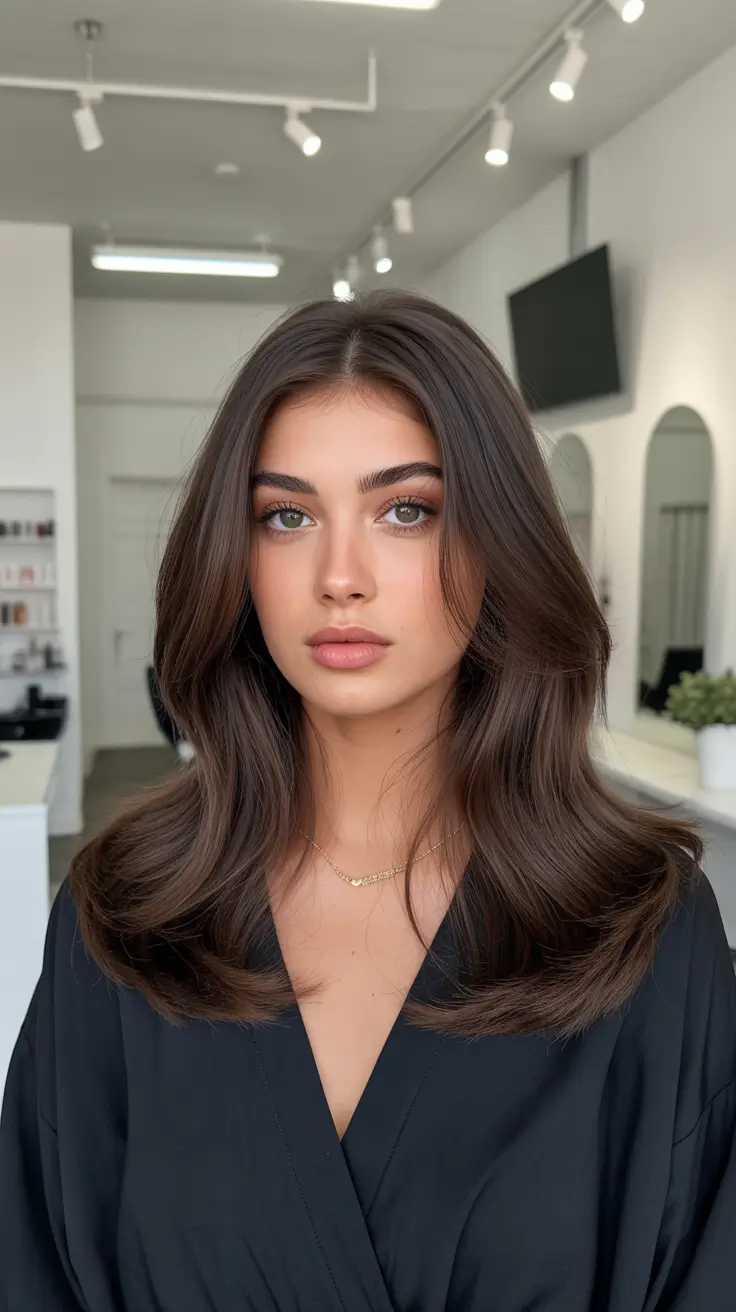 dark brown hair color 2026 Salon-Polished Brunette Layers