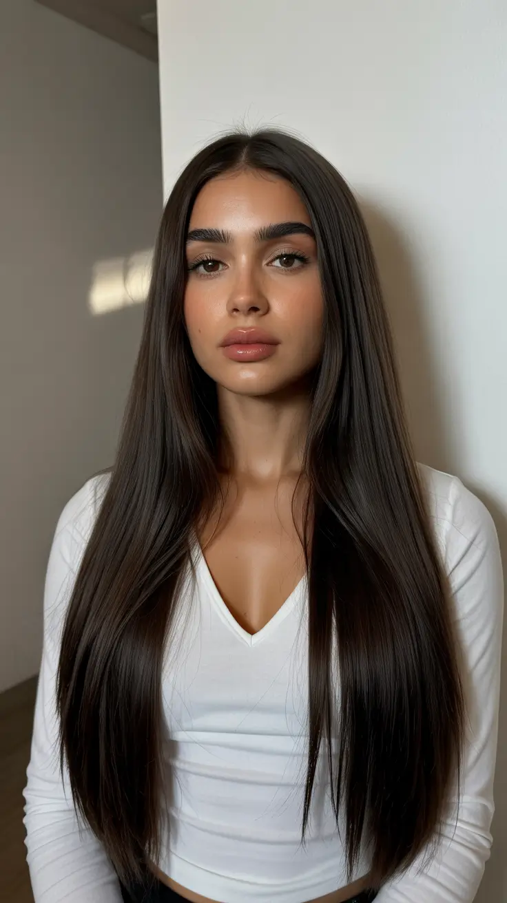 dark brown hair color 2026 Ultra-Gloss Straight Brunette