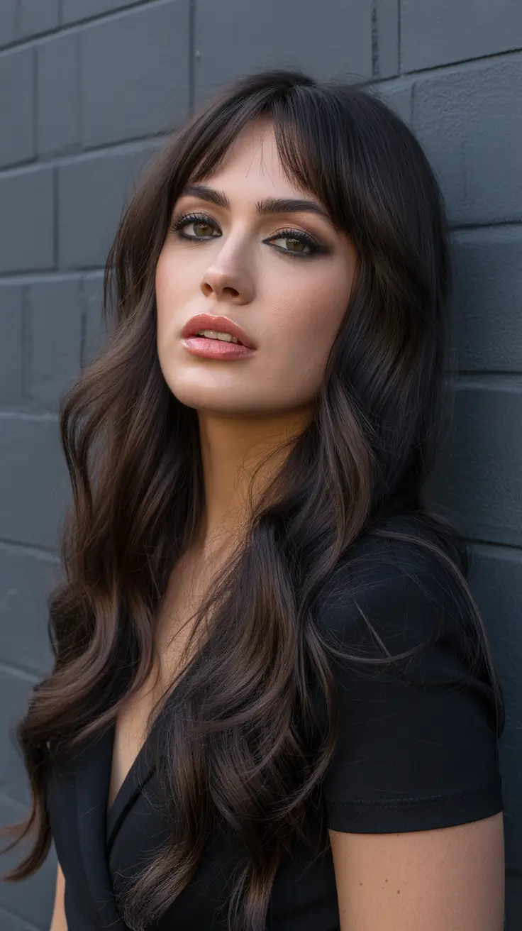 dark brown hair color 2026 Layered Brunette with Bangs
