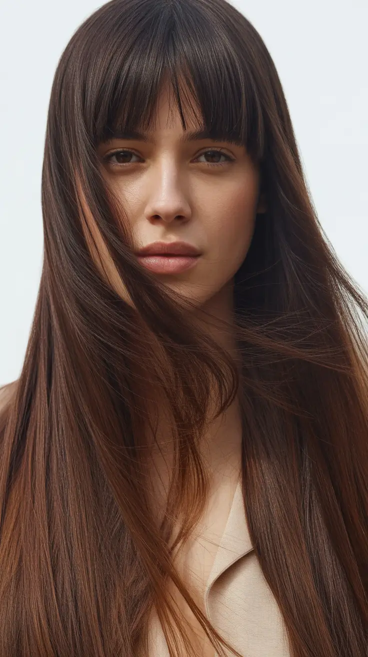 dark brown hair color 2026 Long Brunette with Curtain Bangs