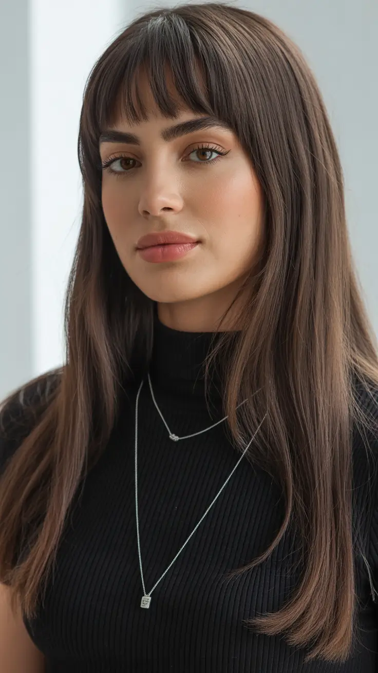 dark brown hair color 2026 Soft Smoky Brown Layers with Fringe