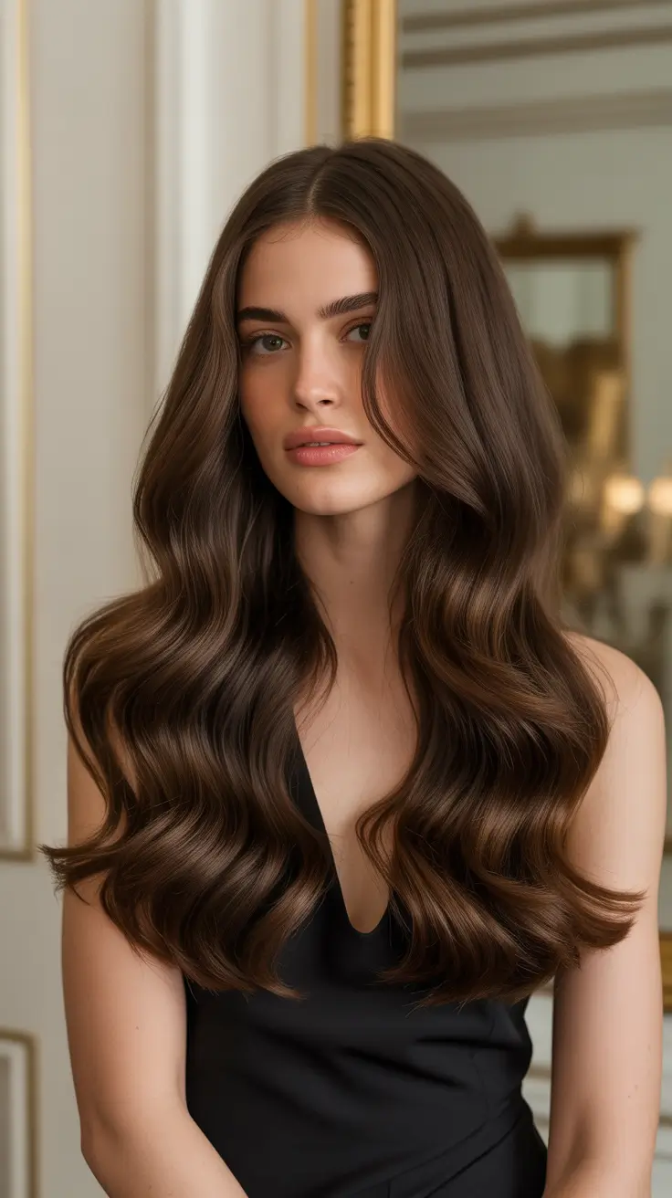 dark brown hair color 2026 Classic Hollywood Brown Waves