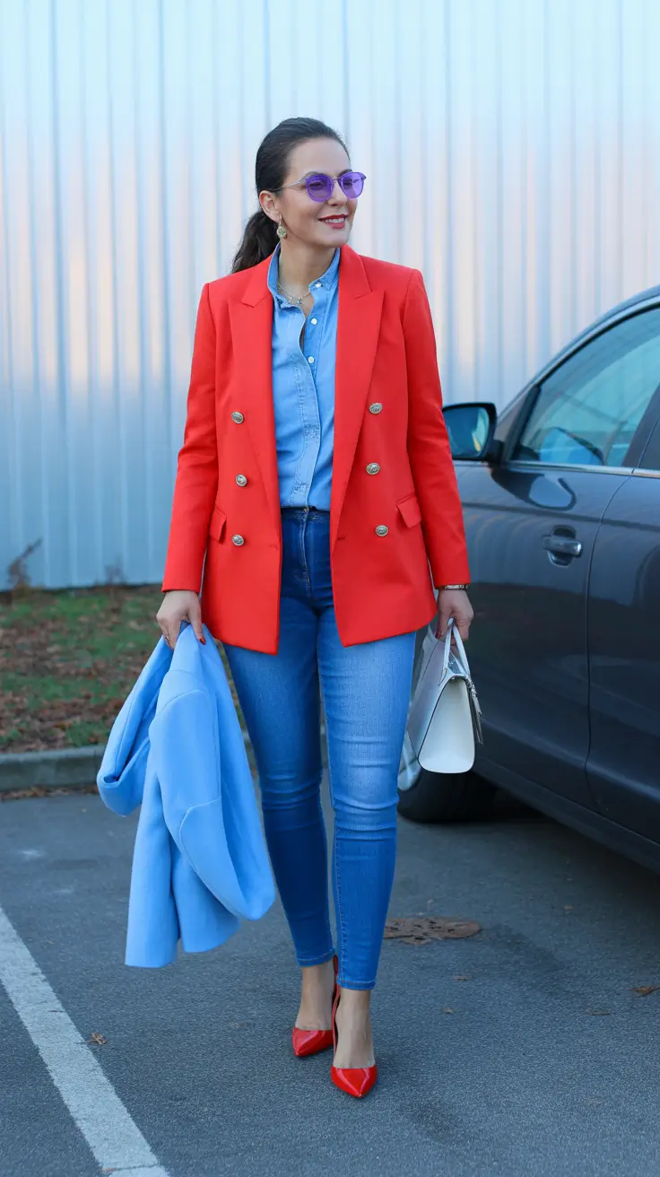 Elegant Outfits for Women Over 40 in 2026 Red Blaze and Denim Ease