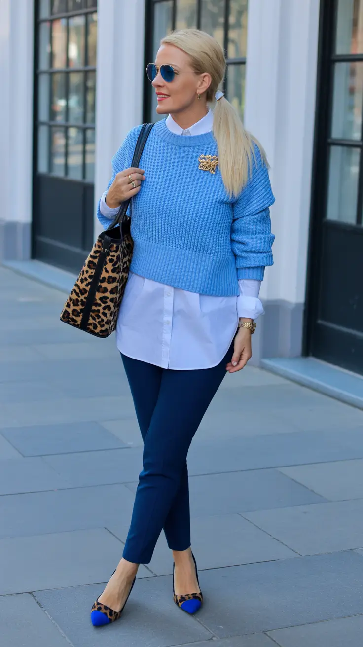 Elegant Outfits for Women Over 40 in 2026 Leopard Touch and Sky-Blue Layers