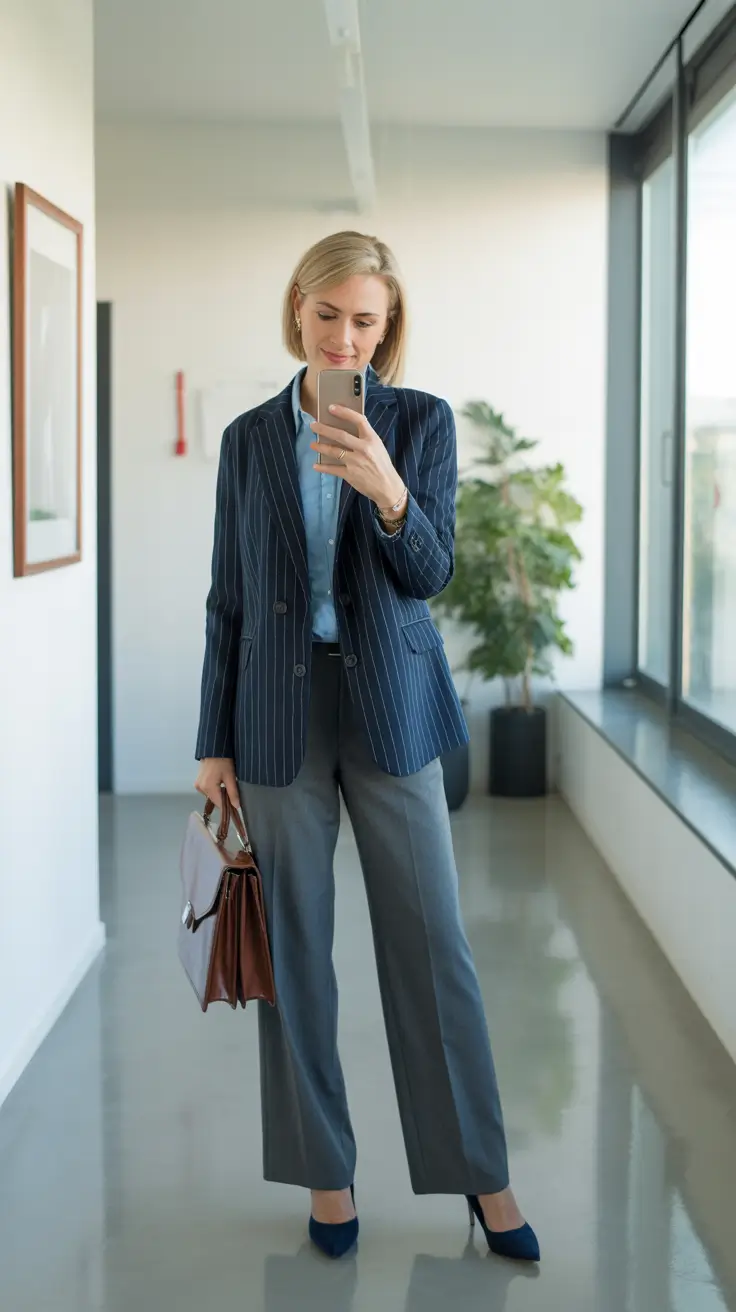 Elegant Outfits for Women Over 40 in 2026 Pinstripe Confidence