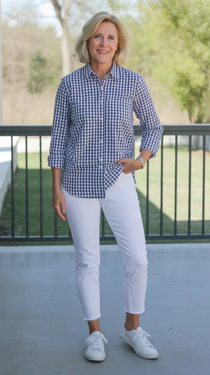 Elegant outfits for women over 50 in 2026 Blue Gingham Charm