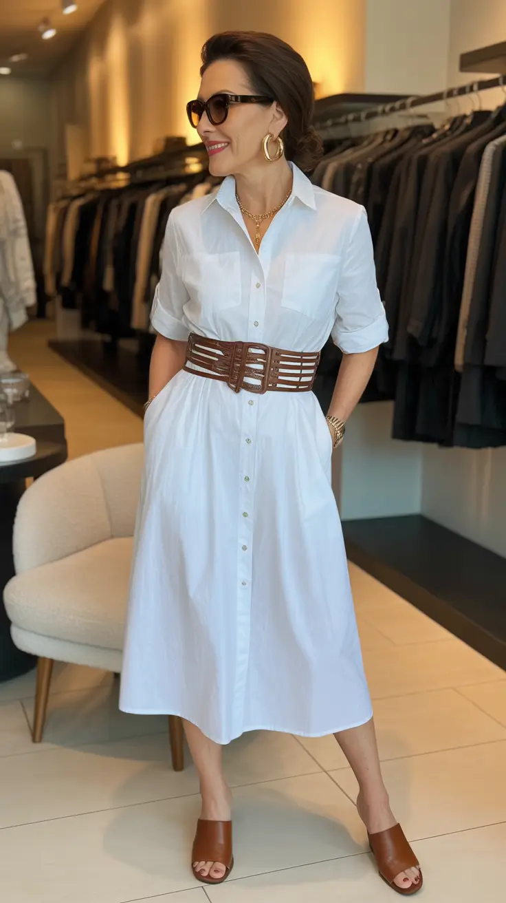 Elegant outfits for women over 50 in 2026 White Dress Brown Accents