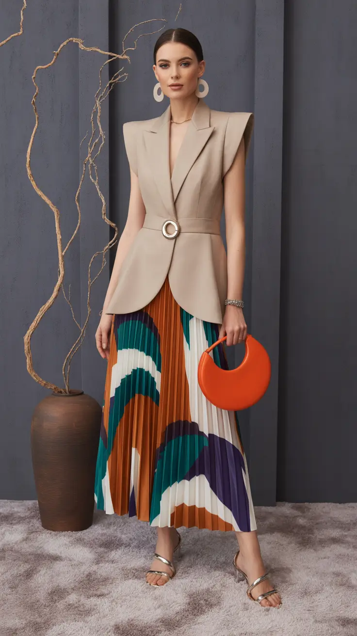 Elegant skirt outfits 2026 Modern Geometry and Color Play