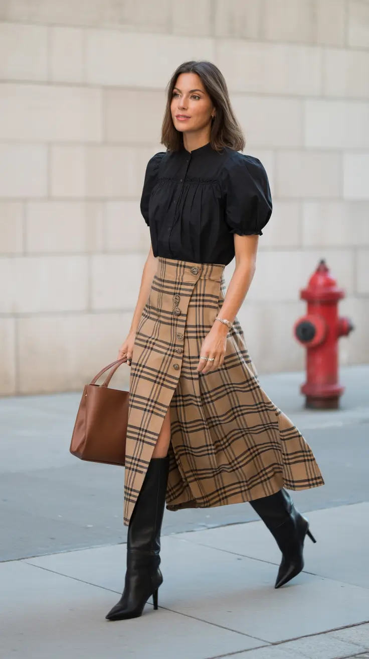 Elegant skirt outfits 2026 Timeless Tan and Black Plaid