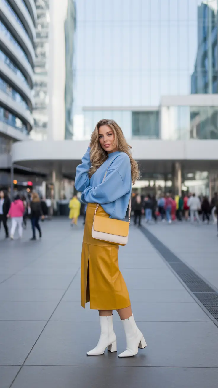Elegant skirt outfits 2026 City Lights in Mustard and Blue