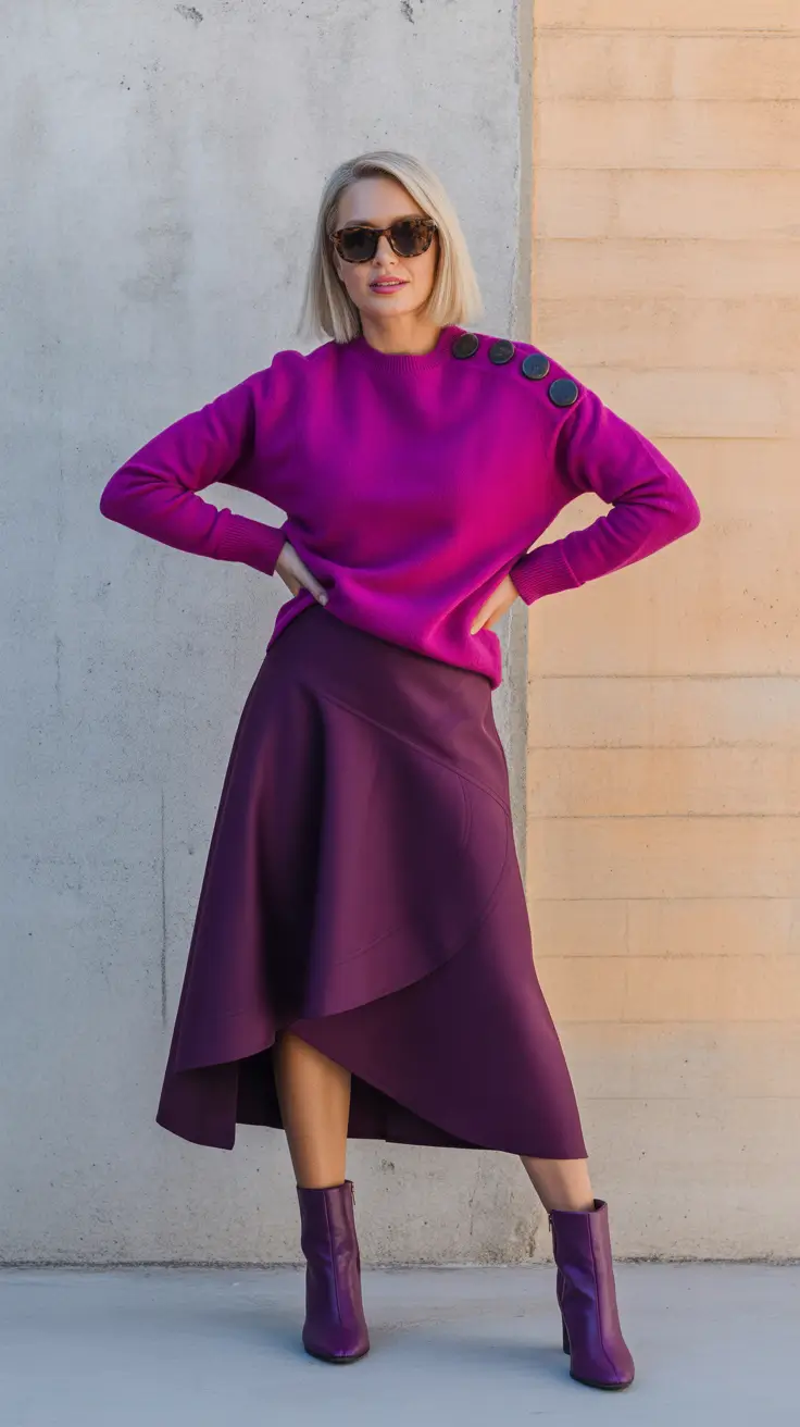 Elegant skirt outfits 2026 Plum Layers and Power
