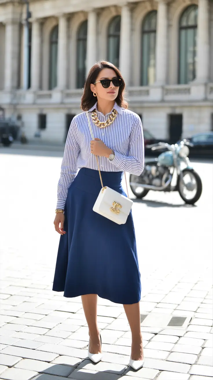 Elegant skirt outfits 2026 Navy Elegance with Golden Accents