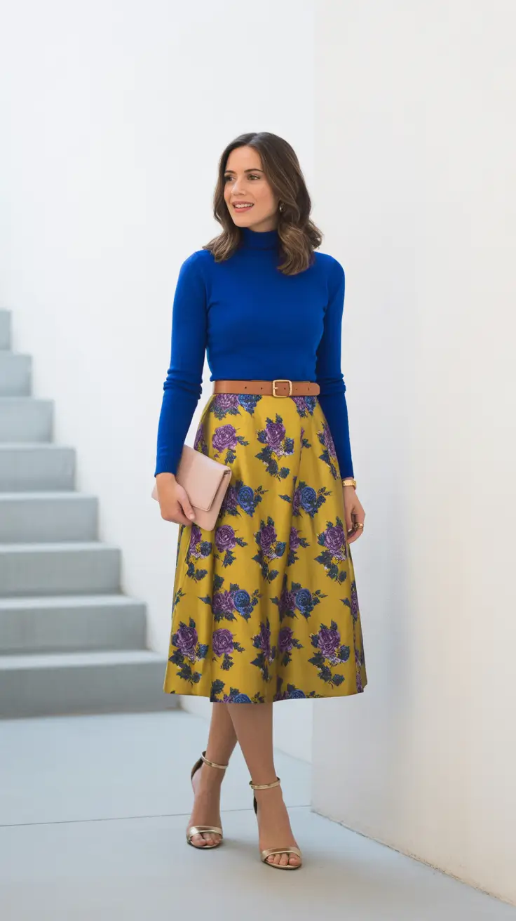 Elegant skirt outfits 2026 Floral Symphony in Blue and Mustard