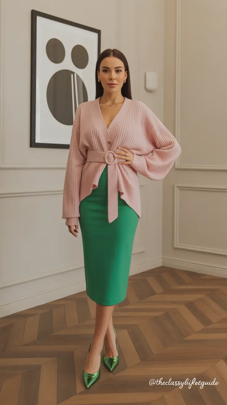 Elegant skirt outfits 2026 Sweet Contrast in Pink and Emerald