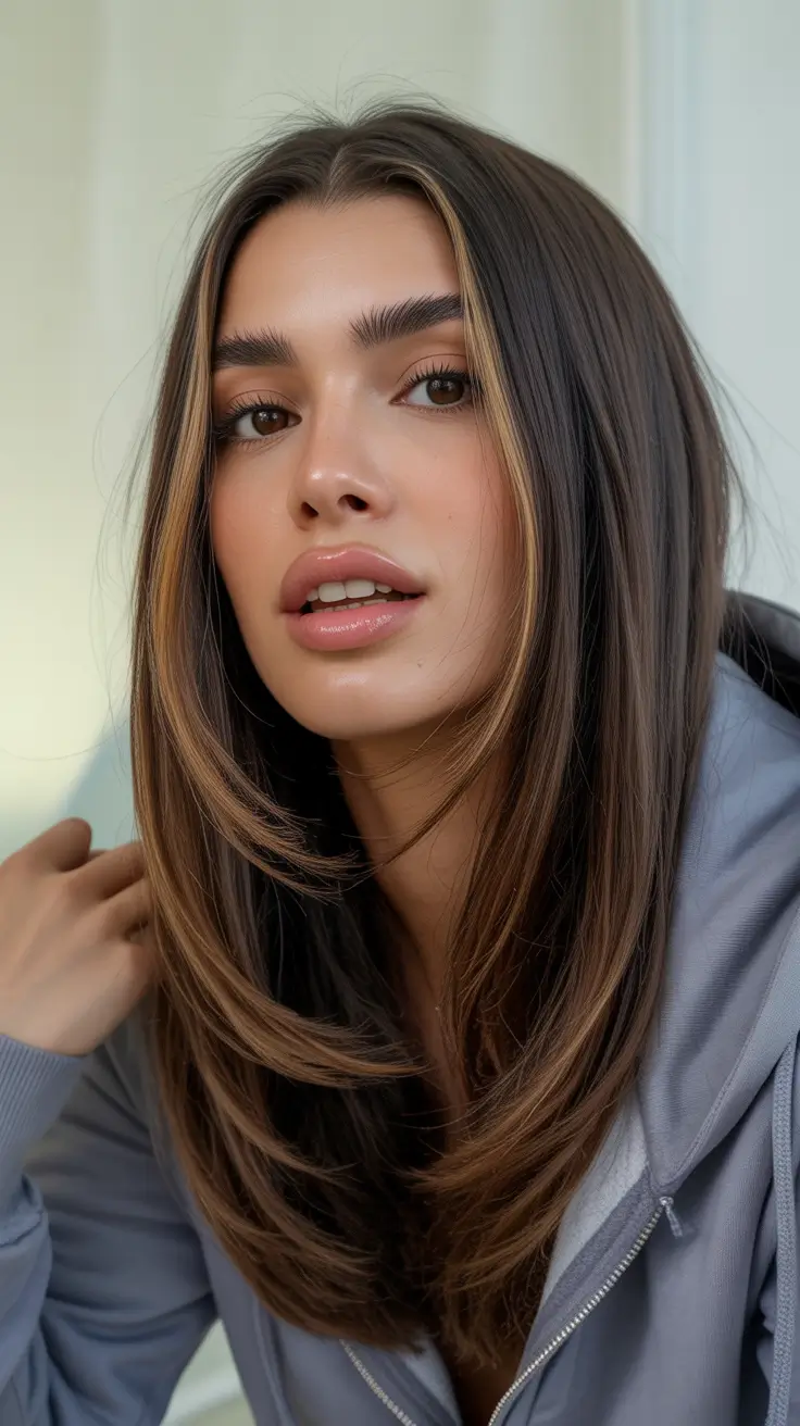 hair color ideas to look younger 2026 Soft Brunette with Honey Ribbons