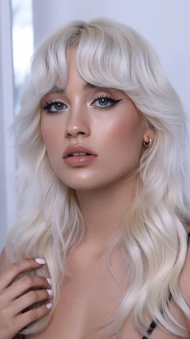 hair color ideas to look younger 2026 Icy Vanilla Blonde with Feathered Fringe
