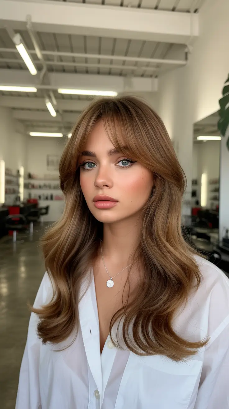 honey brown hair color 2026 Toffee Curtain Bangs
