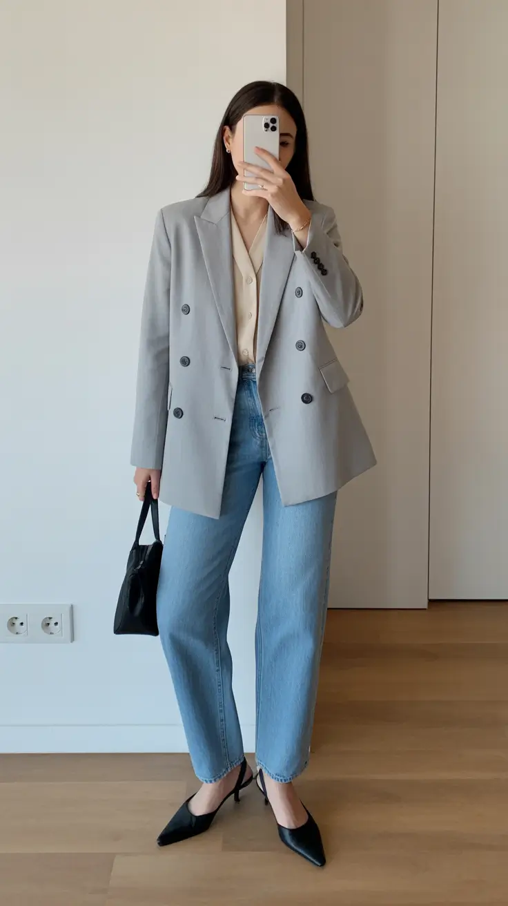 Jeans outfits for women 2026 - Tailored Neutrals With Denim Ease