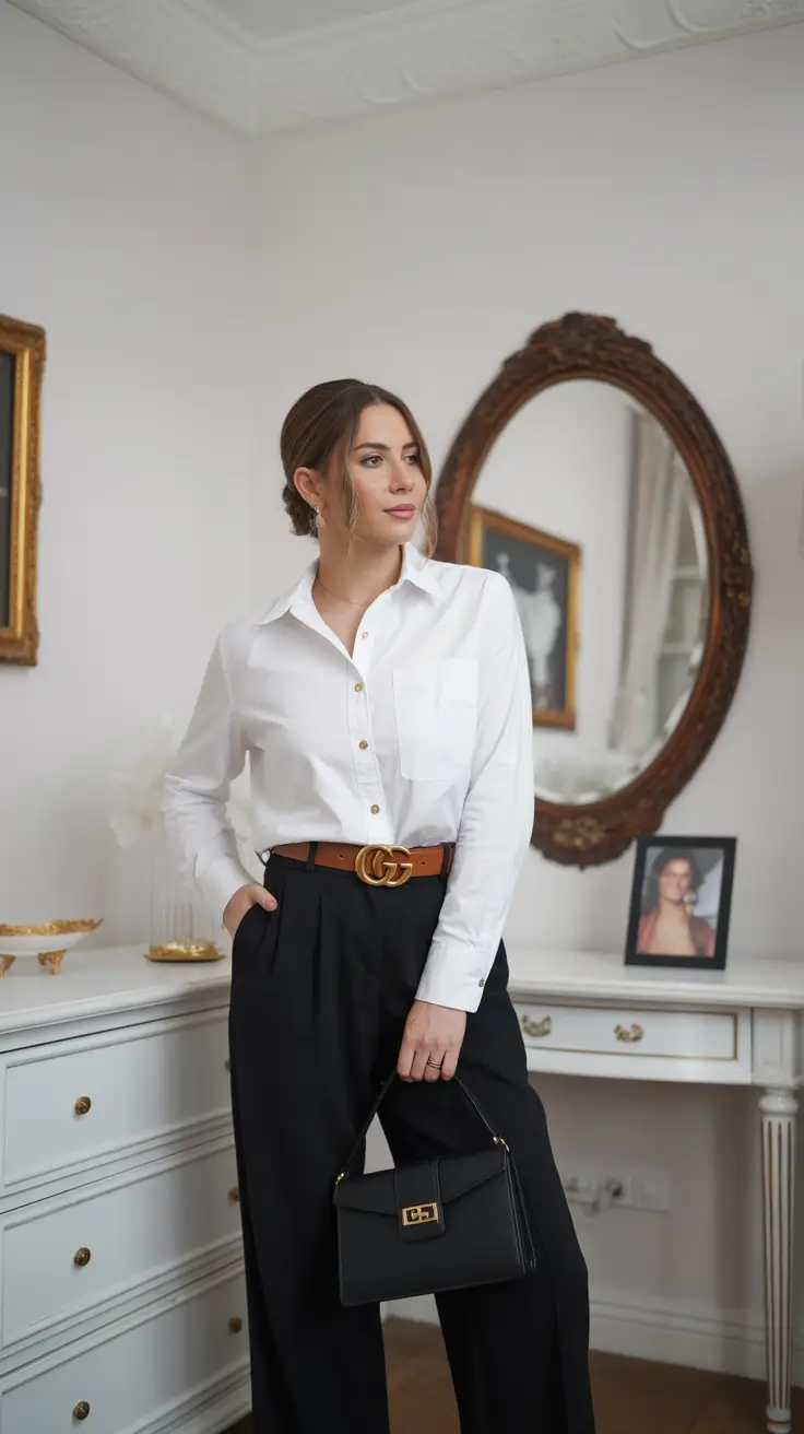 Modern office outfits for work 2026 - Timeless Contrast: White Shirt and Tailored Black Trousers