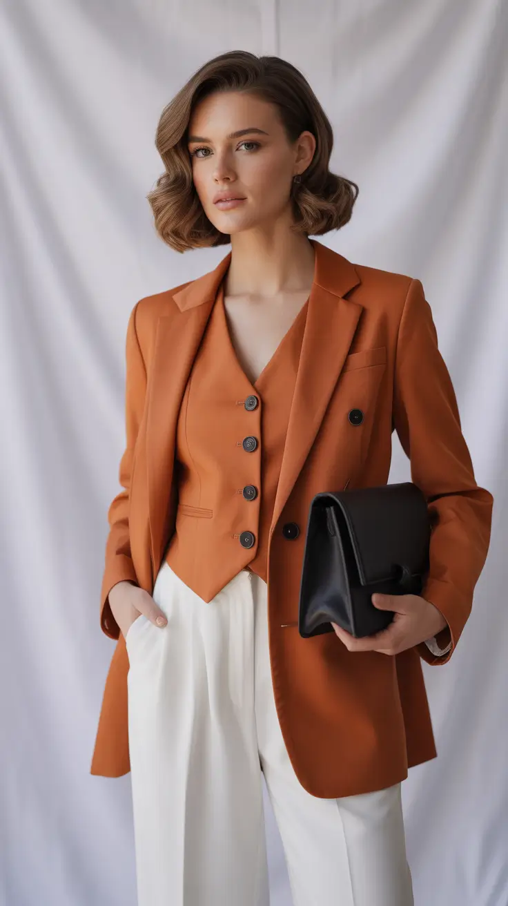 Modern office outfits for work 2026 - Warm Rust Tailoring with a Soft Feminine Twist