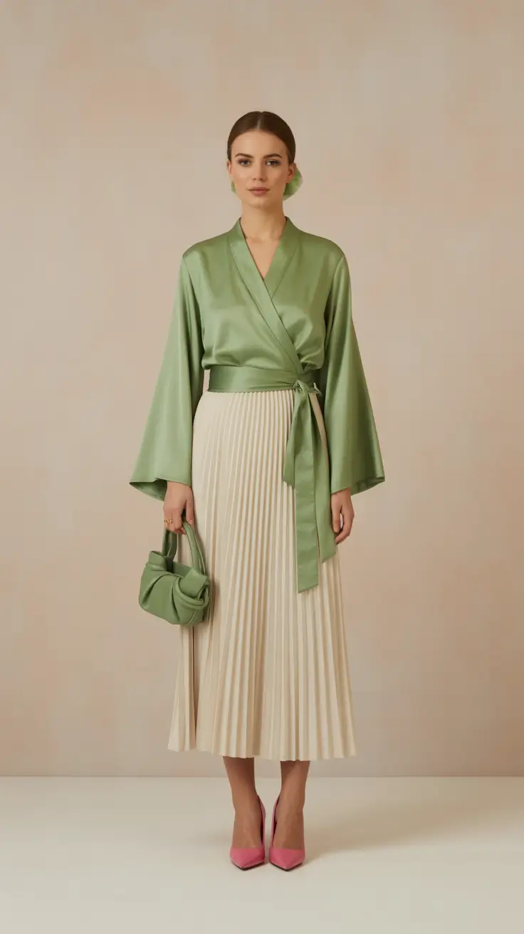 Modern office outfits for work 2026 - Satin Wrap Tops and Pleated Skirts for Soft-Modern Femininity