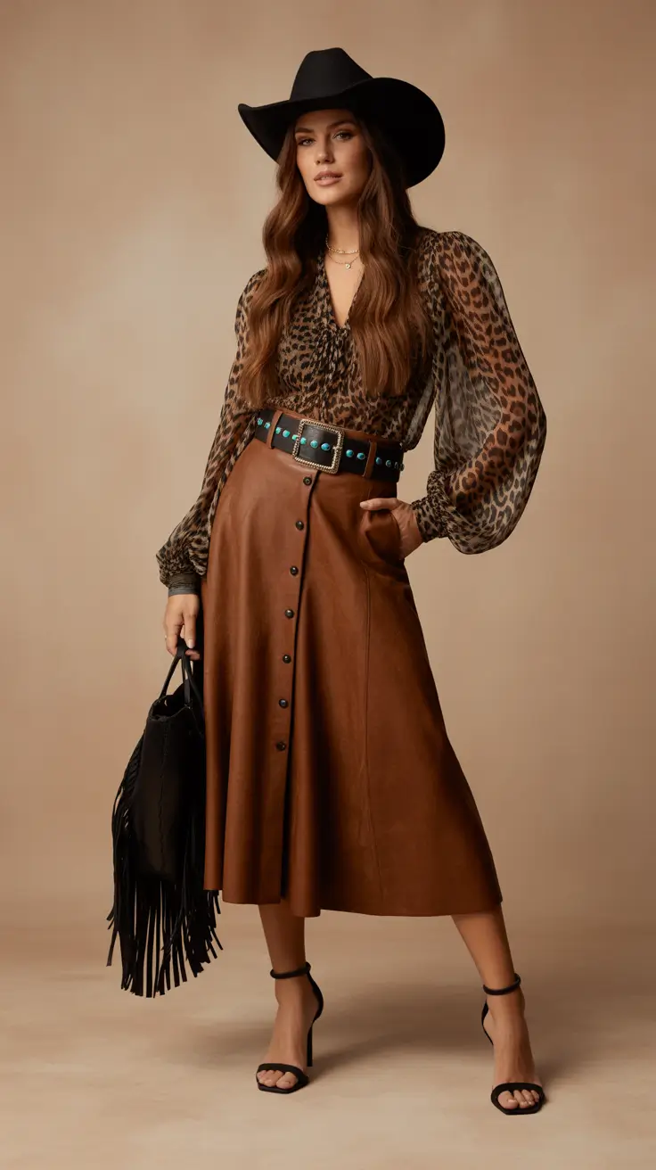 rodeo outfits for women 2026 Desert Chic with Leopard and Leather