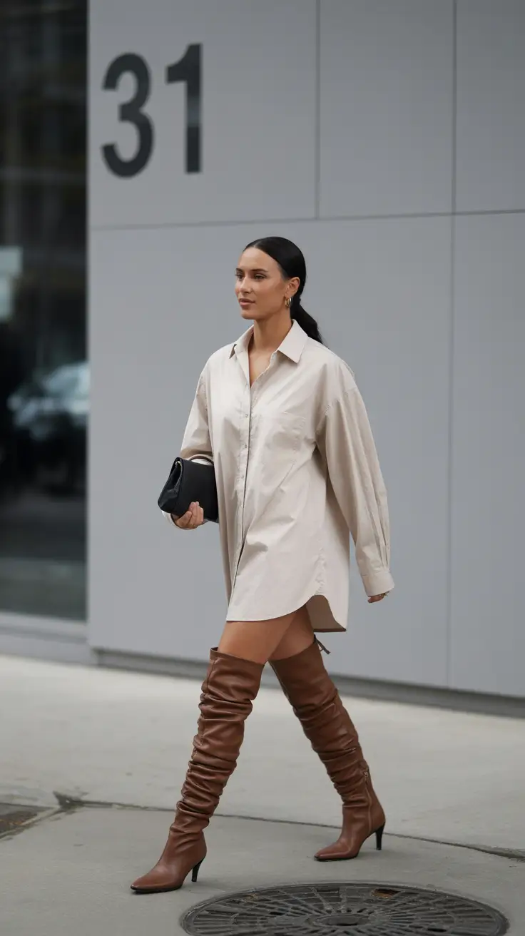 Stylish brunch outfits 2026 - Oversized Shirt Chic With Tall Boots