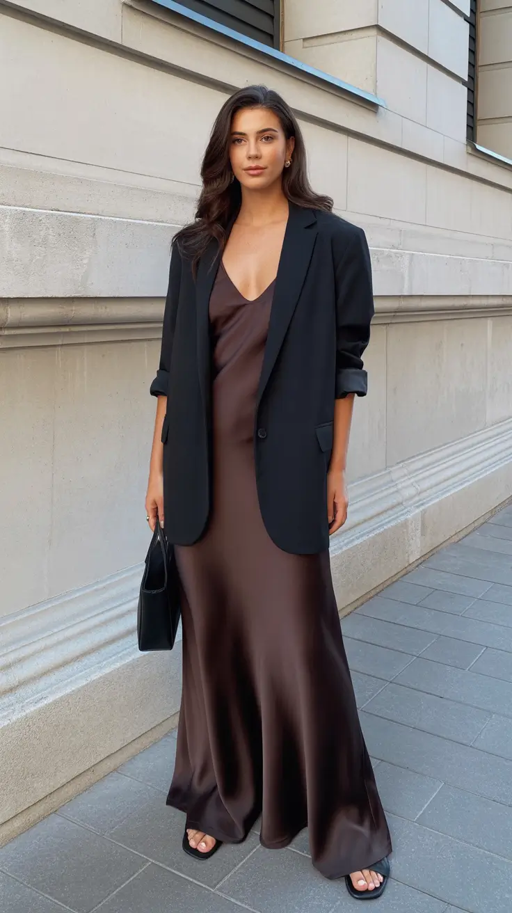 Stylish brunch outfits 2026 - Satin Slip Elegance With a Tailored Edge