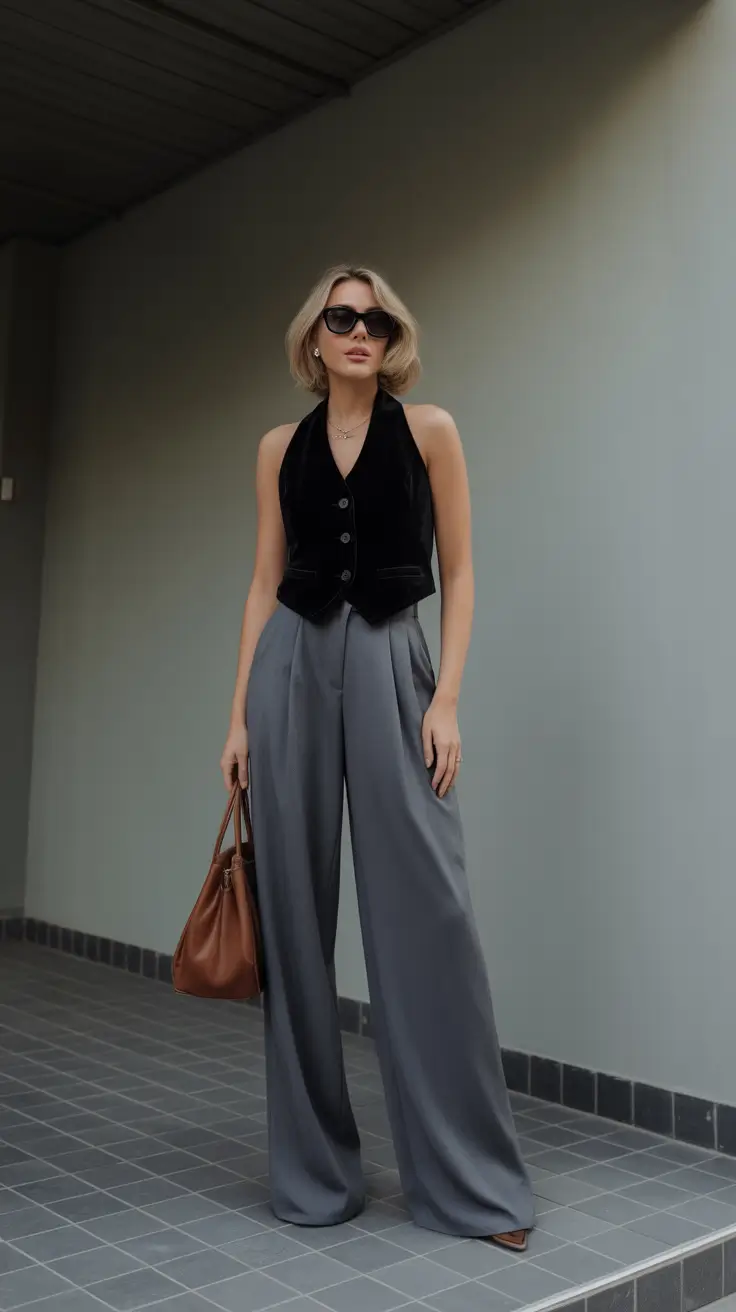 Stylish brunch outfits 2026 - Soft Power Tailoring in Charcoal and Velvet
