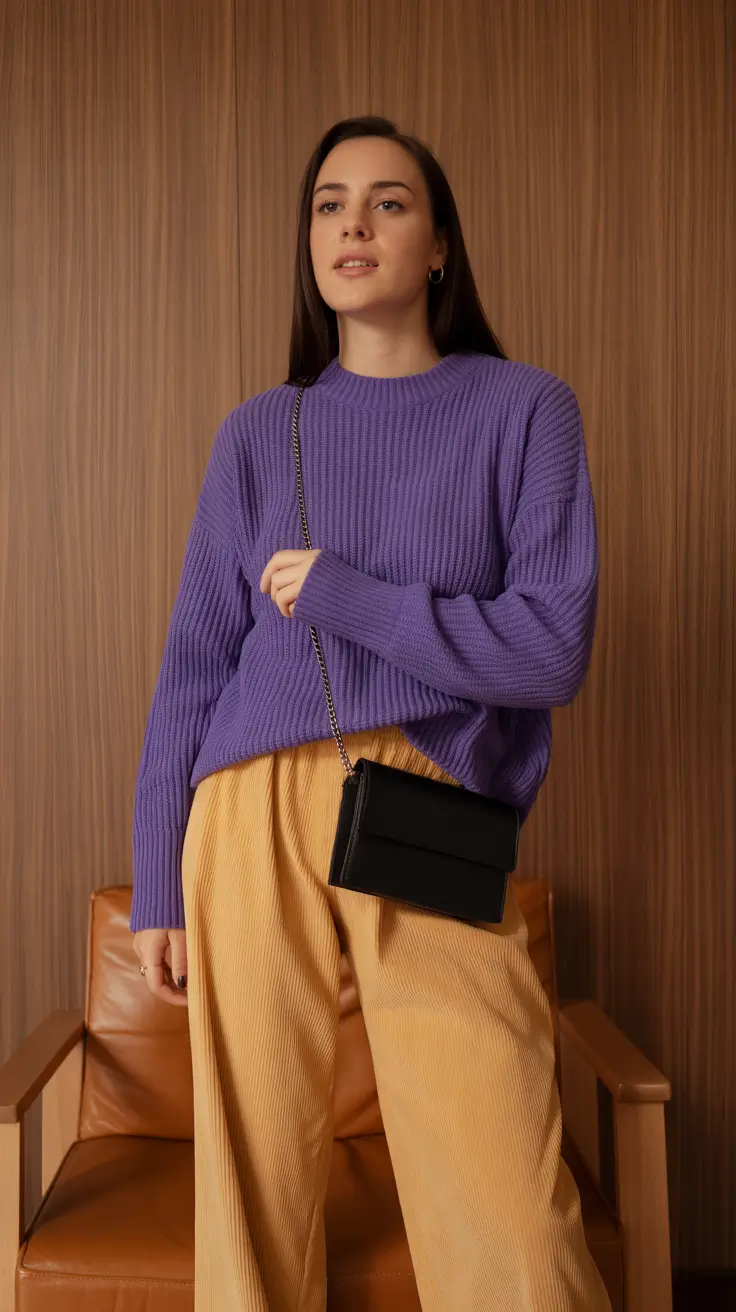 Stylish brunch outfits 2026 - Lavender Knit with Warm Ochre Trousers