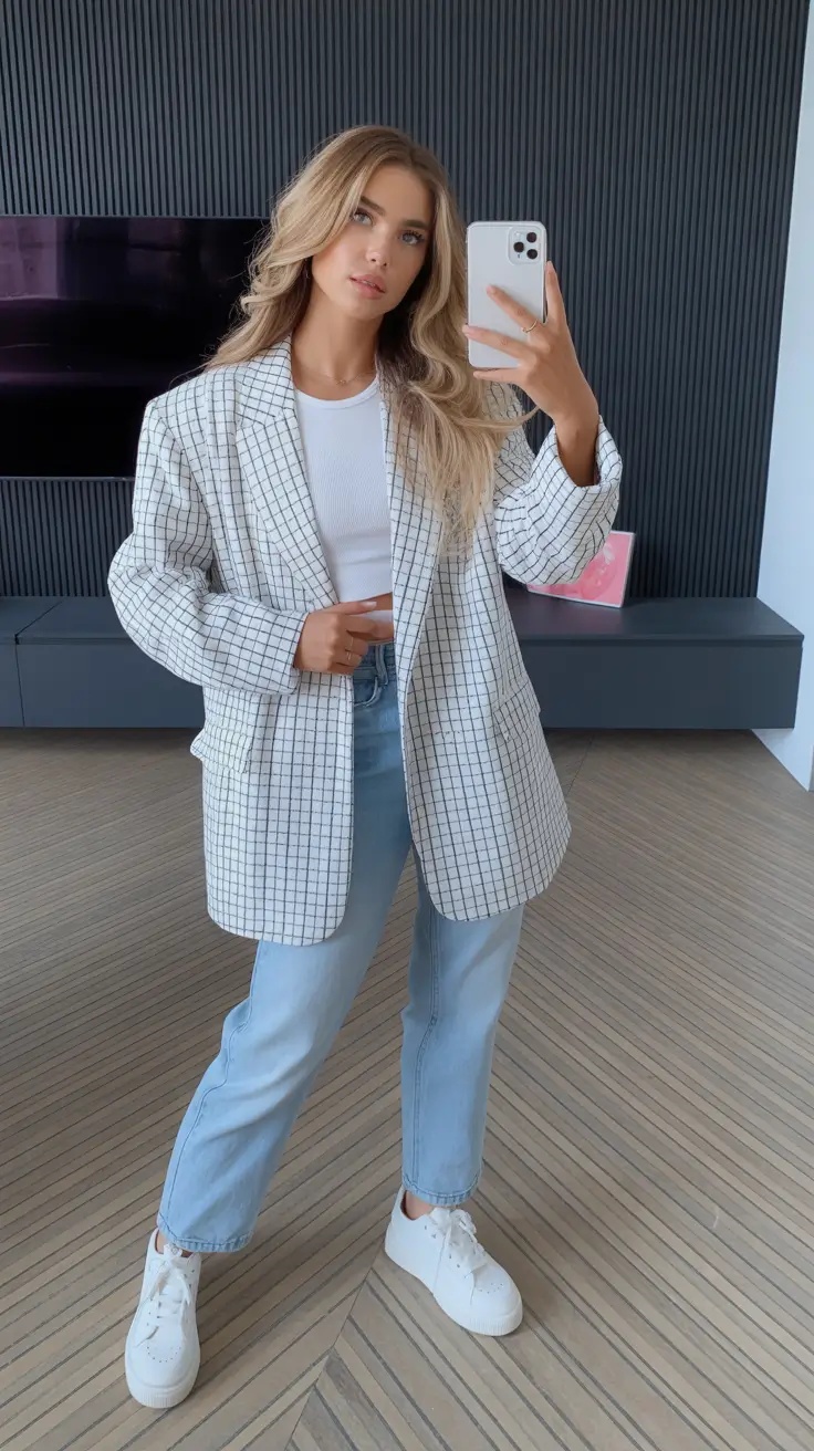 Stylish mom outfits 2026 Effortless Grid-Blazer Confidence