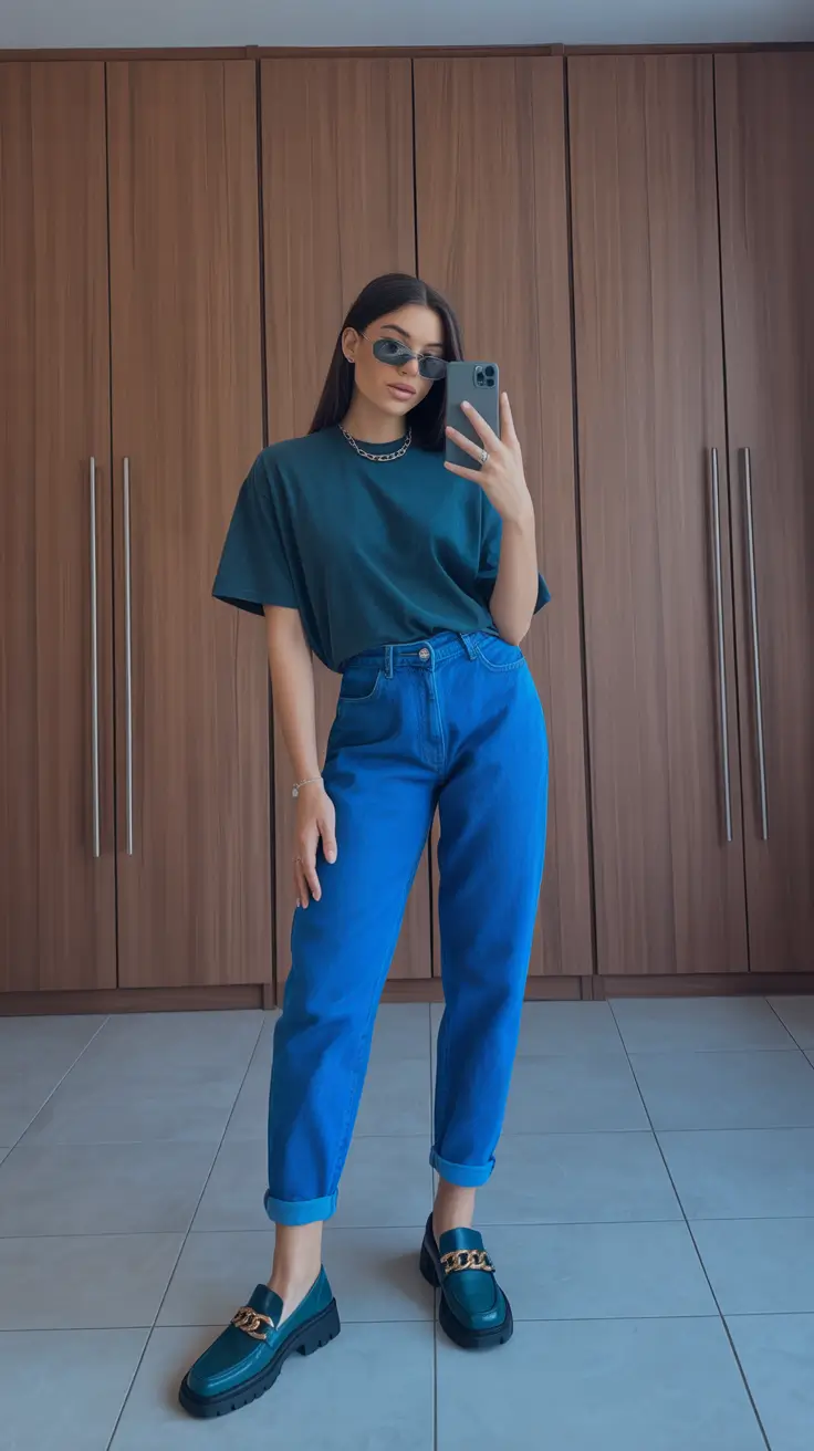 Stylish mom outfits 2026 Teal Tones With a Cool-Mom Twist