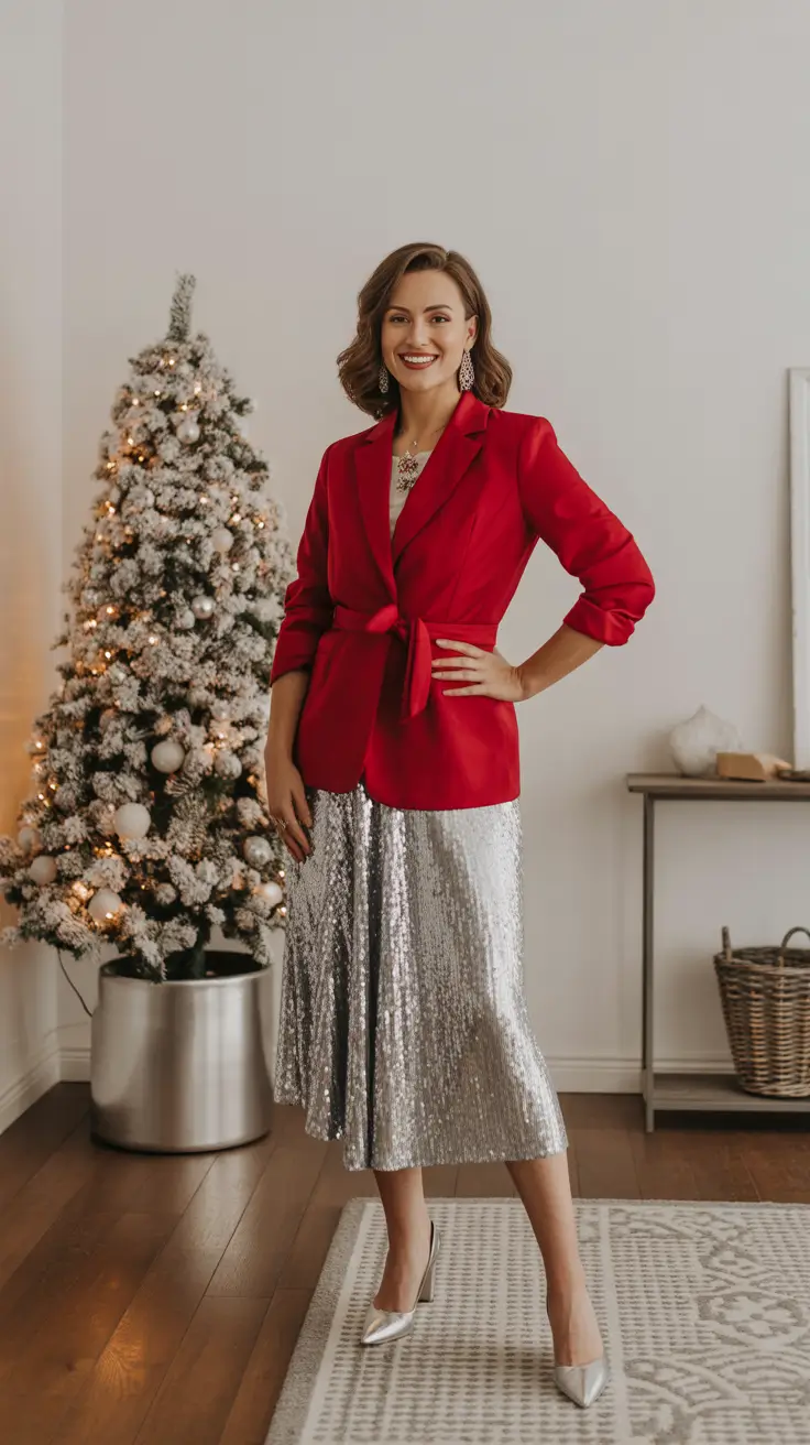 christmas outfits silver sparkle and red tailoring