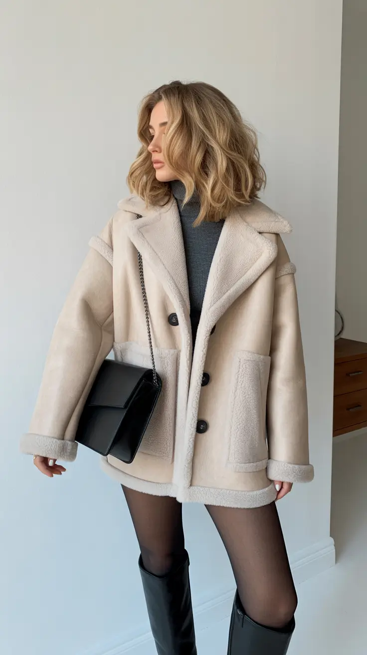 Trendy winter outfits 2026 Cream Shearling and Urban Boots