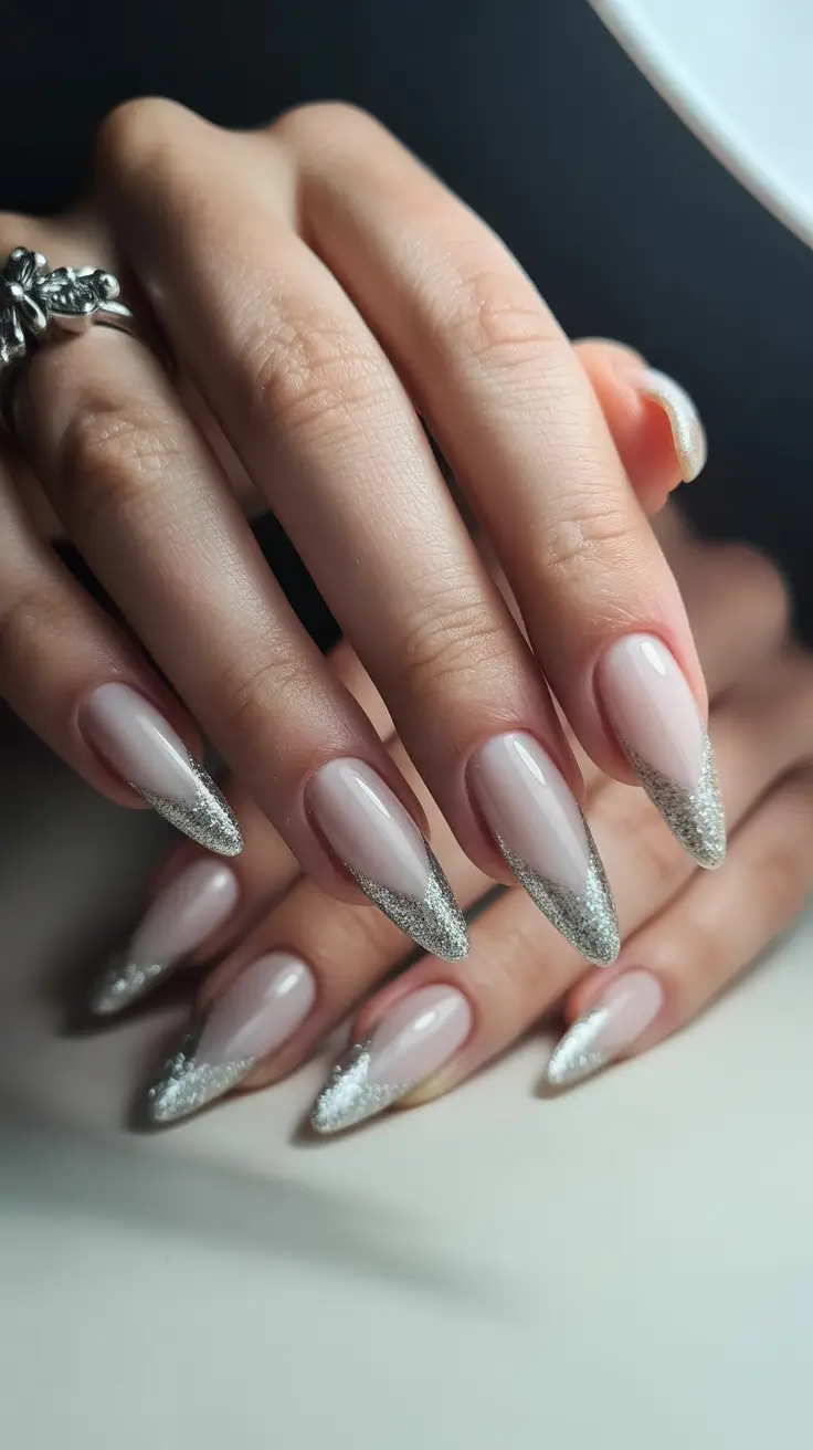 acrylic nail designs 2026 - Silver Frosted Stiletto Tips