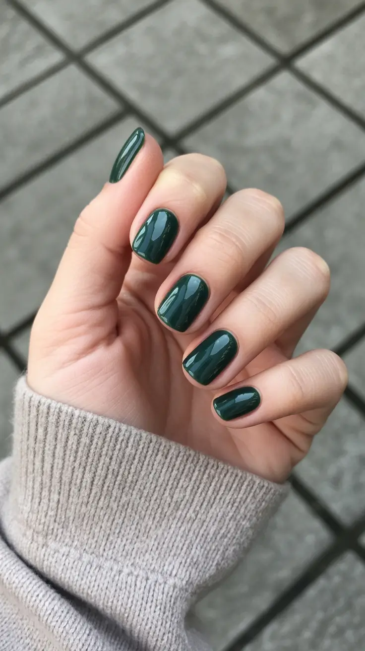 acrylic nail designs 2026 - Deep Forest Minimal Short Gloss