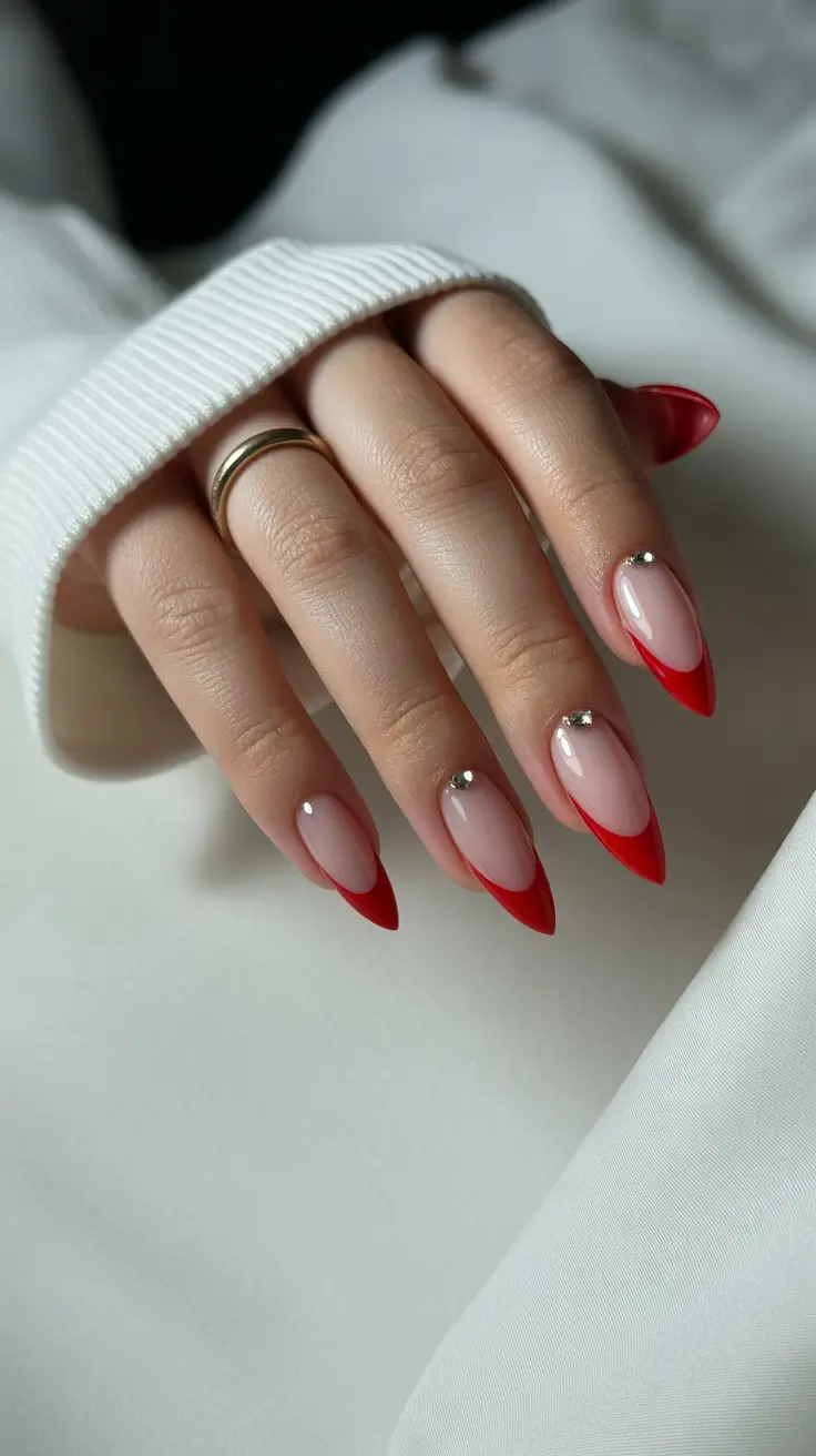 acrylic nail designs 2026 - Ruby Accent Almond Shine