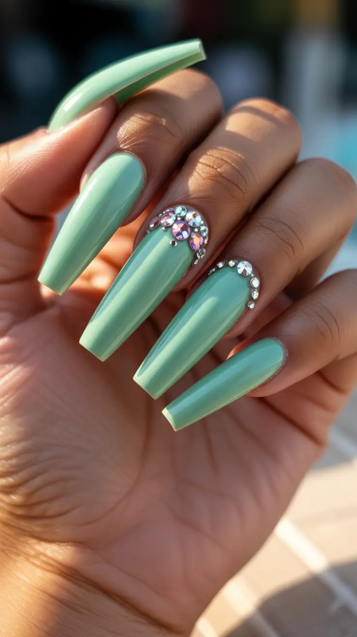 acrylic nail designs 2026 - Mint Jewel Coffin Glam