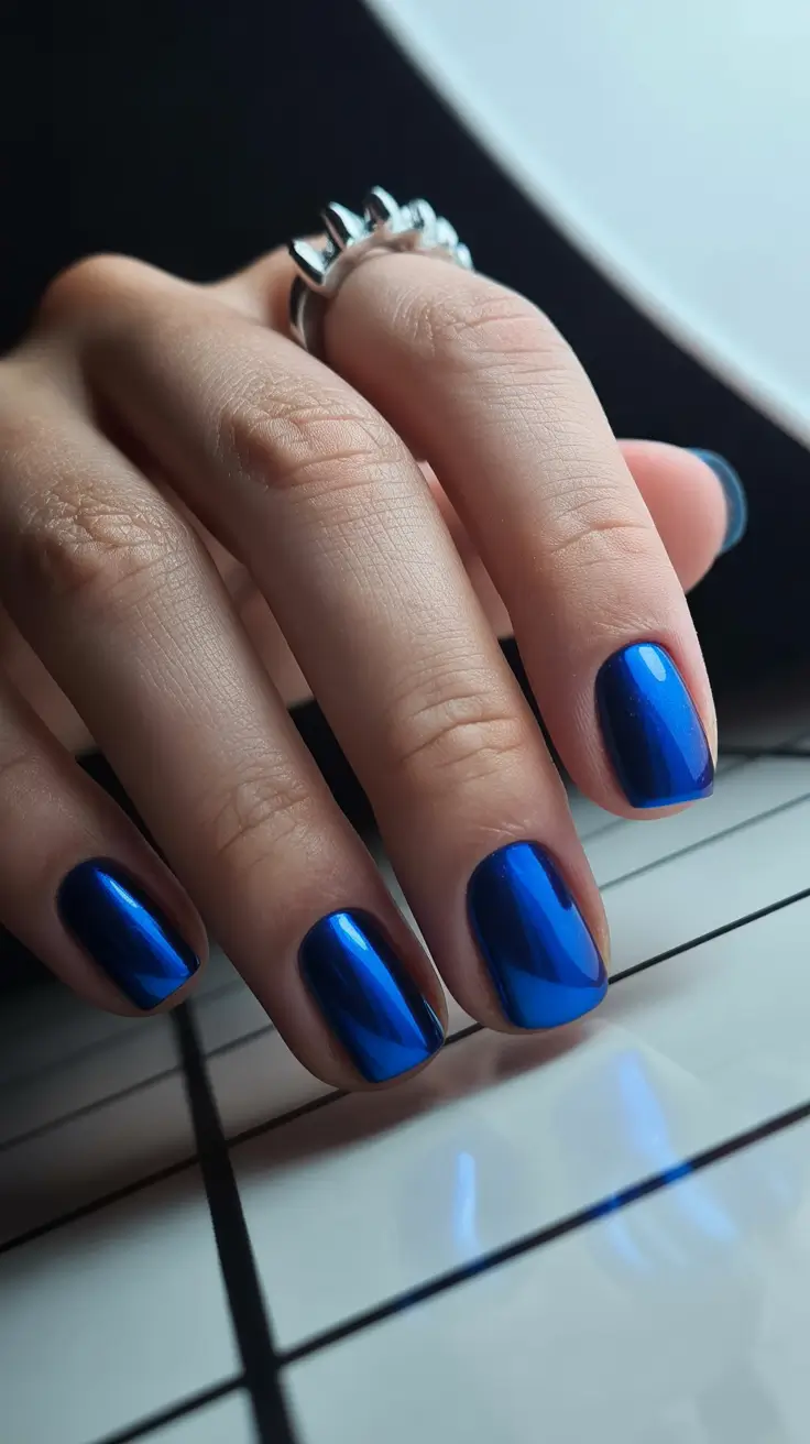 acrylic nail designs 2026 - Blue Chrome Minimalist Square