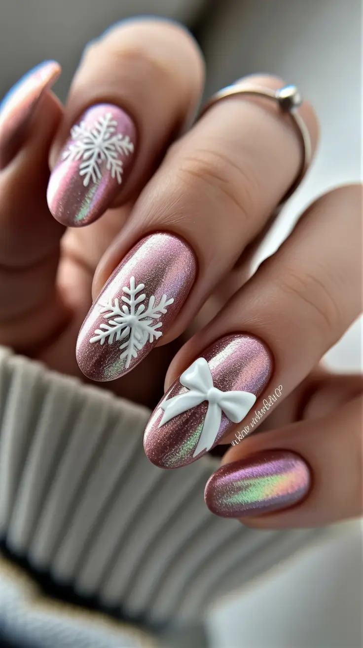 acrylic nail designs 2026 - Frosted Pink Snowflake Charm