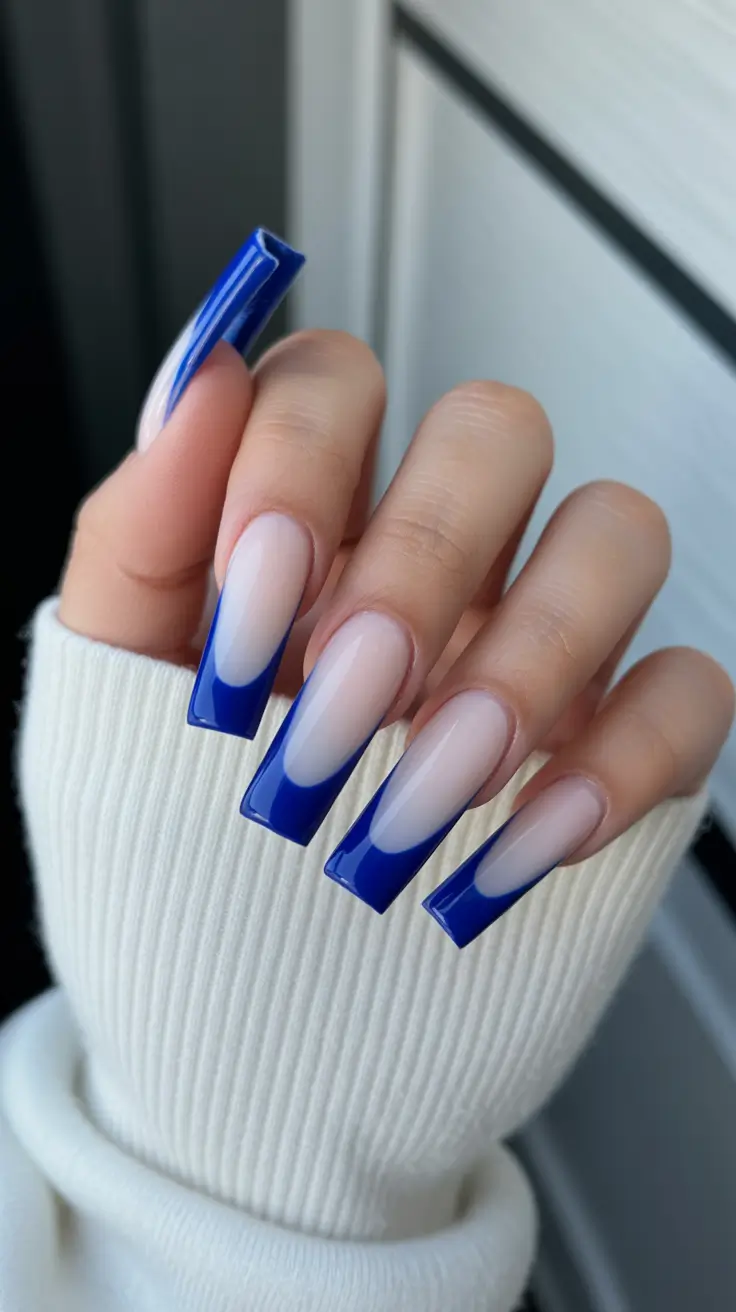 acrylic nail designs 2026 - Royal Blue Contour French Square
