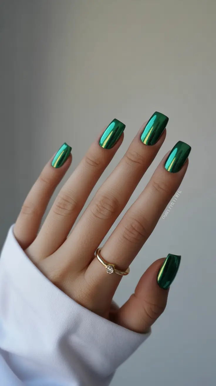 acrylic nail designs 2026 - Emerald Mirror Square Glow