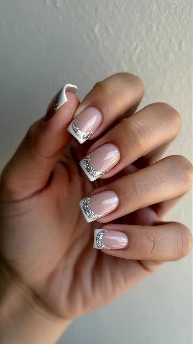 acrylic nail designs 2026 - Silver Crescent French Sparkle