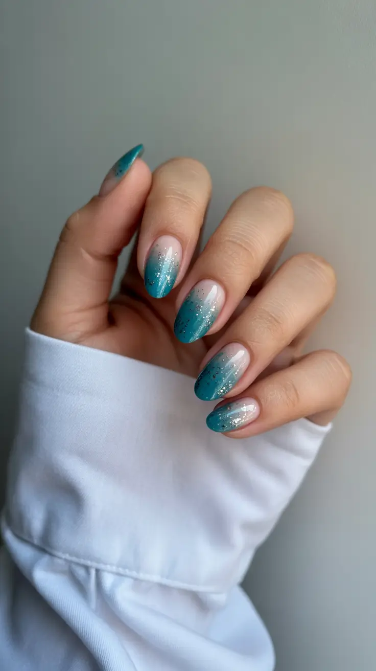 acrylic nail designs 2026 - Teal Gradient Sparkle Mist