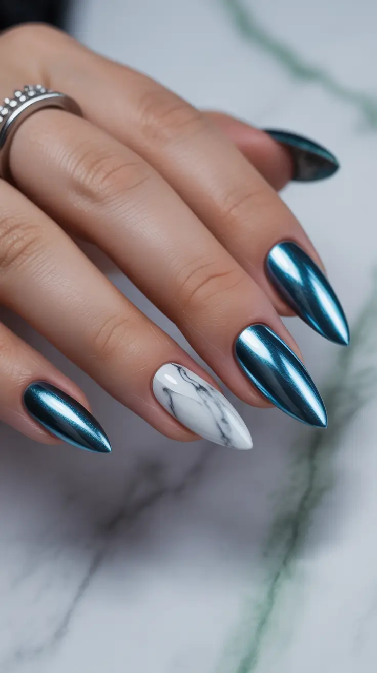 almond-nails-designs-Blue-Chrome-With-Marble-Accent-Drama